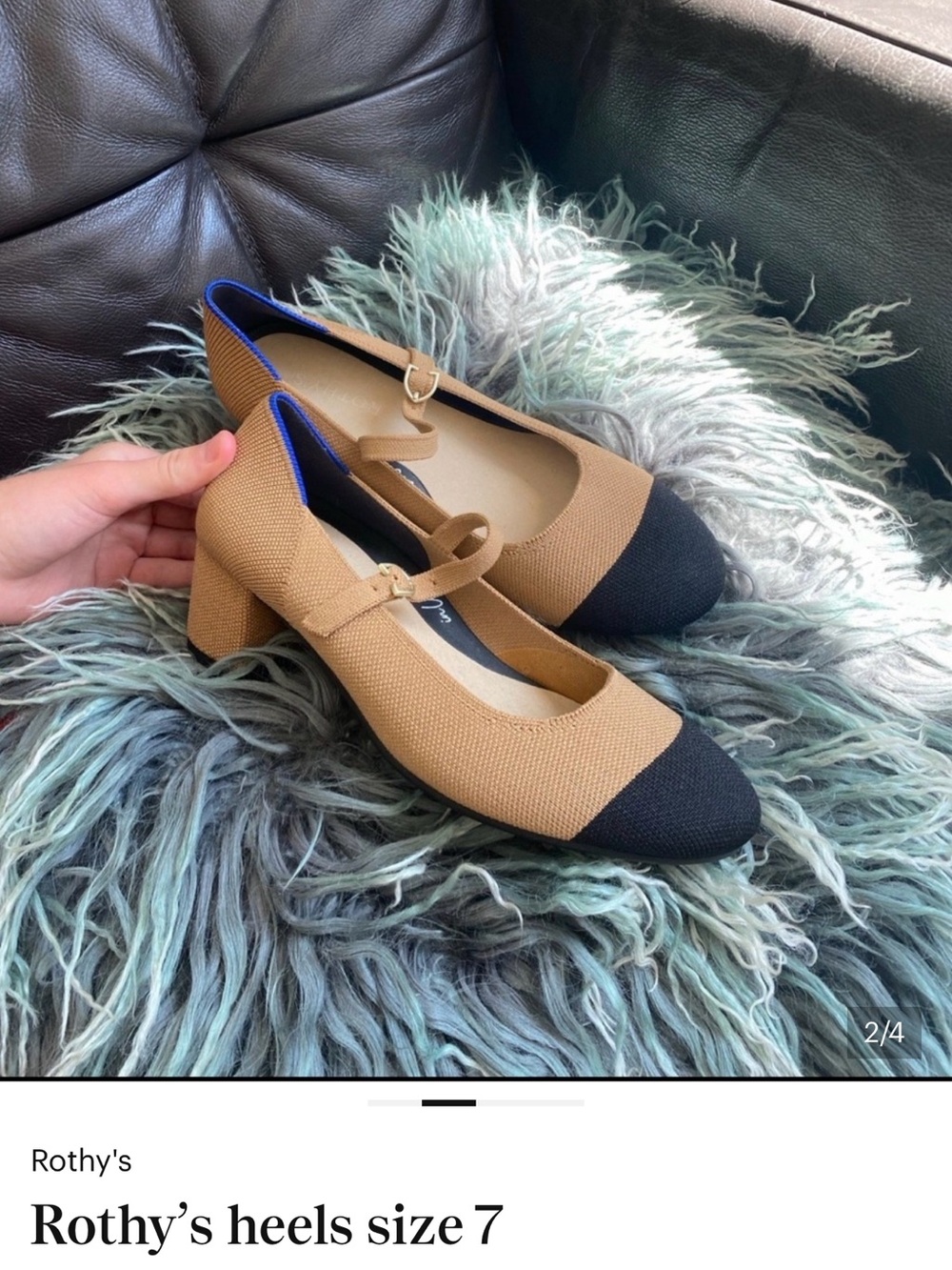 Rothy's Tan and Black Mary Jane Block Heels